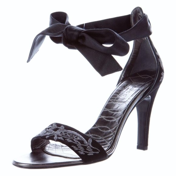 Gucci Shoes - [Gucci] Black Embroidered Suede Open-Toe Ankle Ribbon Bow Tie Pumps Sz 7.5
